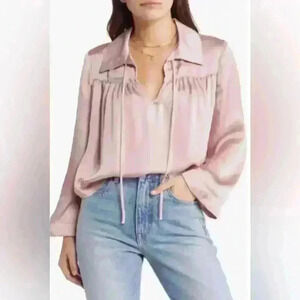 NWT Treasure & Bond Women’s Tie Neck Satin Blouse in Burlwood Size XS